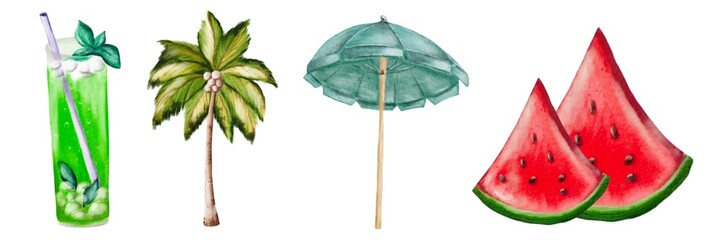 Refreshing summer elements including a green drink, umbrella, palm tree, and watermelon slices