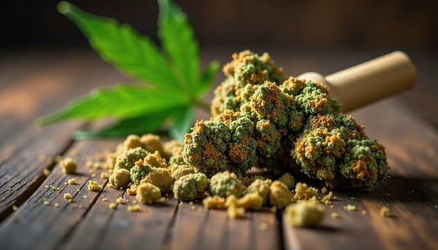 Marijuana joint on a wooden surface with wax oil and kief nearby, plant, resinous