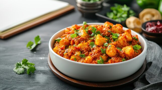 Delicious indian dum aloo curry garnished with coriander leaves in a white bowl