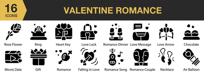 Valentine Romance solid icon set. Includes gift, wedding, couple, relationship, present, and More. Solid icons vector collection.