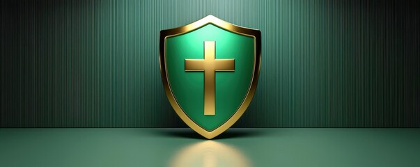 A golden cross symbol on a green shield representing faith and protection.