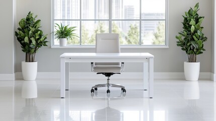 Modern minimalist office with white desk and chair