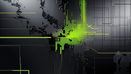 High-tech digital grid with glowing neon green elements, futuristic data interface in dark background