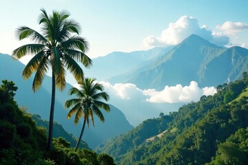 Palm trees sway in harmony with misty mountains, cloud, mountain, scenery
