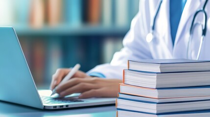 A person in a lab coat uses a laptop, surrounded by stacked medical books.