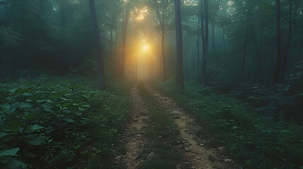 Obraz premium Discover the mystical forest path at sunrise