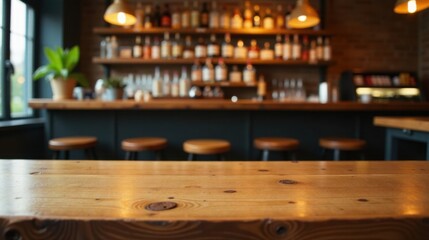 Obraz premium Empty wooden table in a dimly lit bar with a blurred background of liquor bottles and bar stools