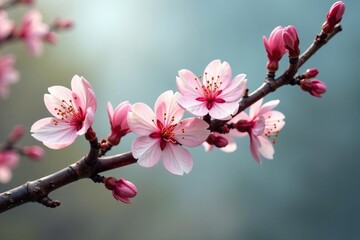 Obraz premium Pink and white flowers swaying gently in the breeze on a bare tree branch, floral arrangement, foliage, white flowers