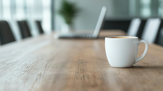 Coffee cup sitting on conference table with laptop in background, maximizing productivity