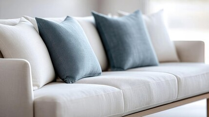 Minimal furniture concept. A cozy living room with a modern sofa and soft decorative pillows inviting relaxation.