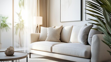 Fototapeta premium Minimal furniture concept. Stylish living room interior with a cozy sofa, decorative cushions, and natural light.