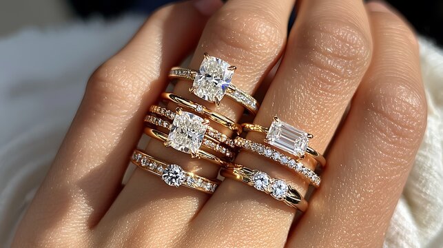 A hand is holding a stack of rings, including a diamond ring