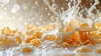 Macro Photography of Corn Flakes Mid-Air with milk