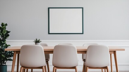 Modern dining room with wooden table, beige chairs and blank whiteboard showing a minimalist interior design