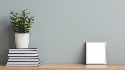 Potted plant on stack of books next to digital tablet with blank screen on wooden desk