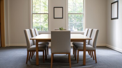 Empty meeting room with natural light illuminating wooden table and chairs
