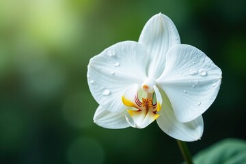Single white orchid with dew drops on the petals, solo, pure, flowers