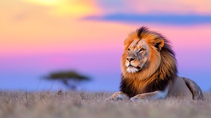 Majestic male lion rests in savanna at sunset, showcasing its powerful presence against a vibrant...