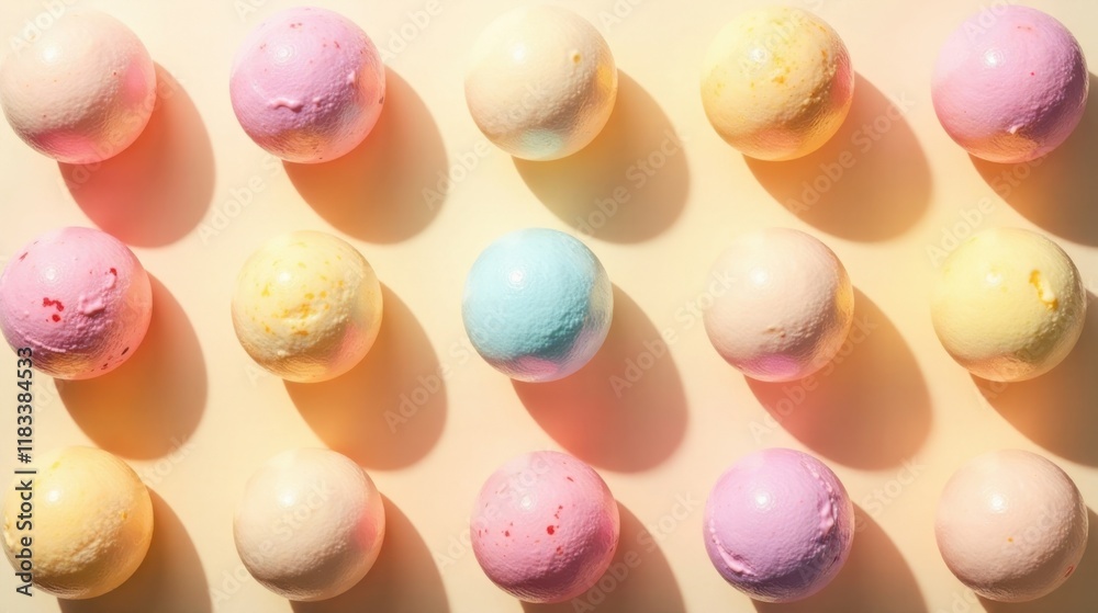 Aufkleber pastel-colored spheres arranged in a grid pattern, casting gentle shadows on a soft yellow backgroun