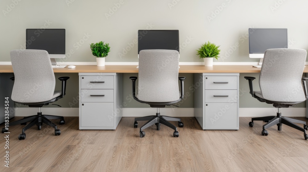 Poster modern office space with row of desks, computers and potted plants