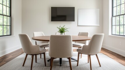 Modern meeting room with oval table, beige chairs, tv screen and whiteboard
