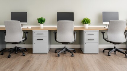 Modern office space with row of desks, computers and potted plants
