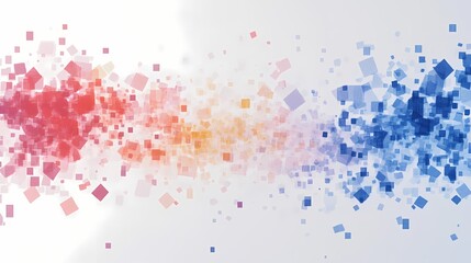 Abstract colorful graphic pattern featuring dynamic squares in shades of red, orange, blue, and violet creating a vibrant visual effect on a light background