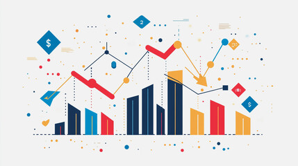 Fototapeta premium Abstract business man stands on the peak of success amid tall, innovative Smart city and graphs with statistics to analyze business potential and predict future developments in company growth.