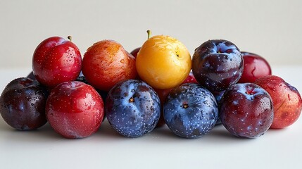 Mixed plums on a white surface
