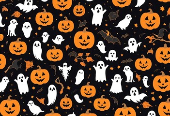 Fototapeta premium Spooky Halloween Pattern with Pumpkins and Ghosts. A festive Halloween seamless pattern featuring cute cartoon-style pumpkins and ghosts on a black background