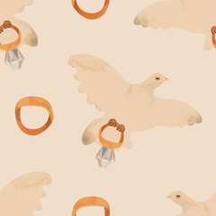 White doves, vintage style engagement and wedding rings. Love mail. Watercolor seamless pattern for textiles and wedding wrapping paper.