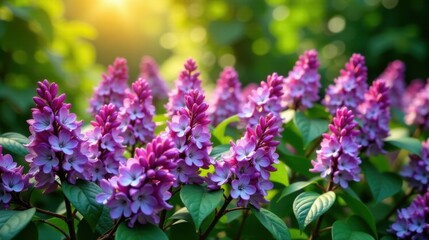 Obraz premium Vibrant purple lilac blossoms bathed in the warm glow of sunlight, a picturesque springtime scene of delicate floral beauty