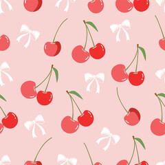 Pink Cherry white bow Red cherry shinny cherry light pink background, Vector semless pattern.