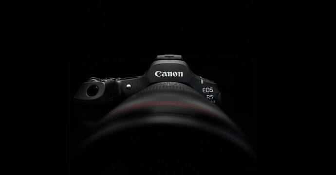 Canon EOS R5 Mark II Digital Mirrorless Camera on a Black Background. R5 a new generation hybrid camera. Canon is a world-renowned leader in SLR camera manufacturing. 07.10.2024, Yerevan, Armenia