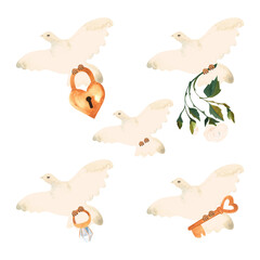 Set of five flying white doves with white roses, golden key and lock. Symbol of peace and love. Characters for valentine cards. Isolated watercolor illustration.
