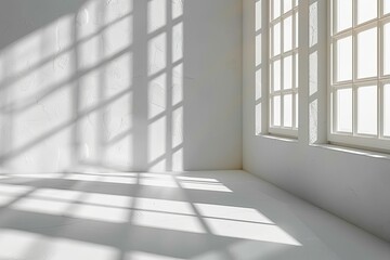 Fototapeta premium Large Sunlit Room with Bright Windows, White Walls, and Shadows on the Floor