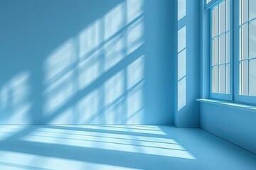 Obraz premium A clean blue corner with subtle 3D shadows from the windows, creating a minimalistic space for displaying products, an abstract and blurred background