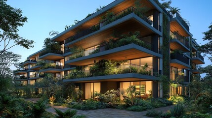 Fototapeta premium Modern Green Building With Plants On Balconies