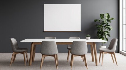 Modern office meeting room with blank whiteboard, table and chairs