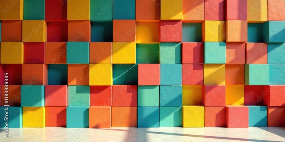 Aufkleber Vibrant Cube Wall A Colorful Abstract Background of Interlocking Blocks Illuminated by Sunlight