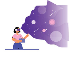 Fototapeta premium Virtual reality exploration illustration depicting outer space experiences and futuristic visuals.