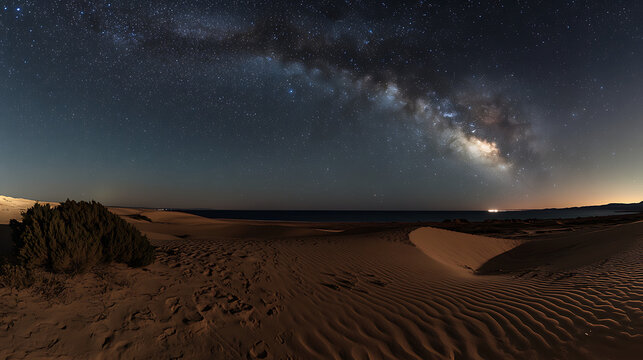 Wide shot of rolling sand dunes in a desert at night