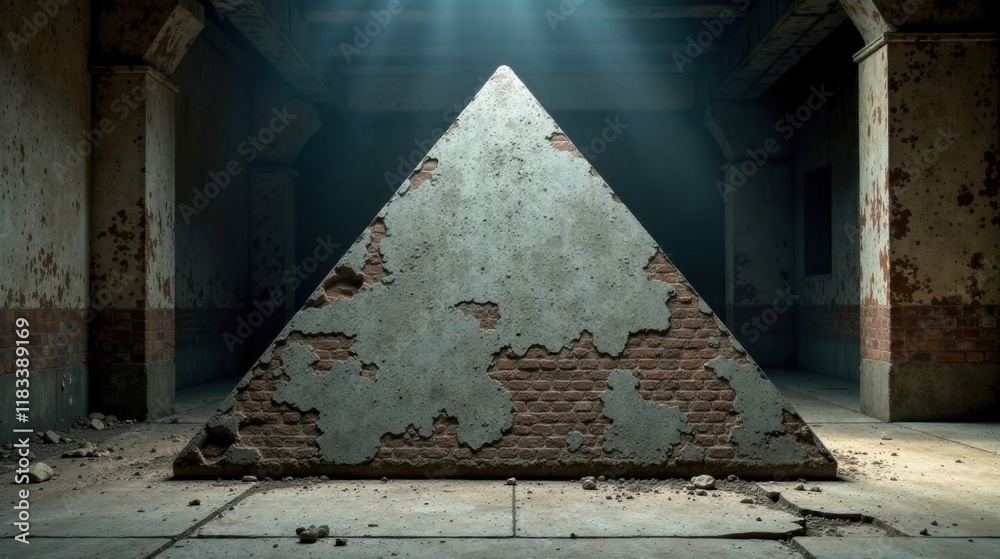 Poster A weathered triangular structure stands in a dilapidated building's interior, bathed in ethereal light