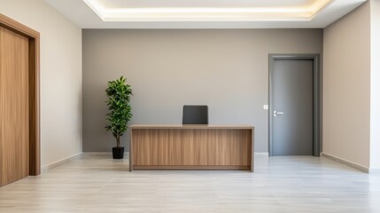 Modern office interior design featuring wooden desk, chair, and potted plant