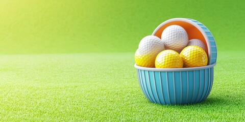Naklejka premium Colorful Golf Balls in a Basket on Grass