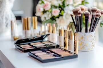 Table with makeup products