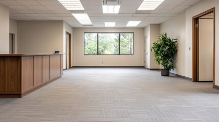 Obraz premium Spacious empty office with reception desk and natural light