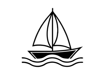 black and white silhouette, sailing ship, stylized waves, minimalist design, nautical icon, smooth curves, symmetrical composition, vector graphic style, simple shapes, maritime theme, contrast, clean