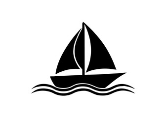 black and white silhouette, sailing ship, stylized waves, minimalist design, nautical icon, smooth curves, symmetrical composition, vector graphic style, simple shapes, maritime theme, contrast, clean