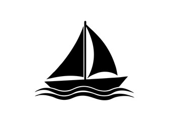 black and white silhouette, sailing ship, stylized waves, minimalist design, nautical icon, smooth curves, symmetrical composition, vector graphic style, simple shapes, maritime theme, contrast, clean